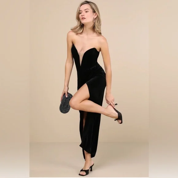 🖤✨ NWT Lulus “My Dream Come True” Black Velvet Strapless Maxi Dress ✨🖤 - Picture 2 of 13